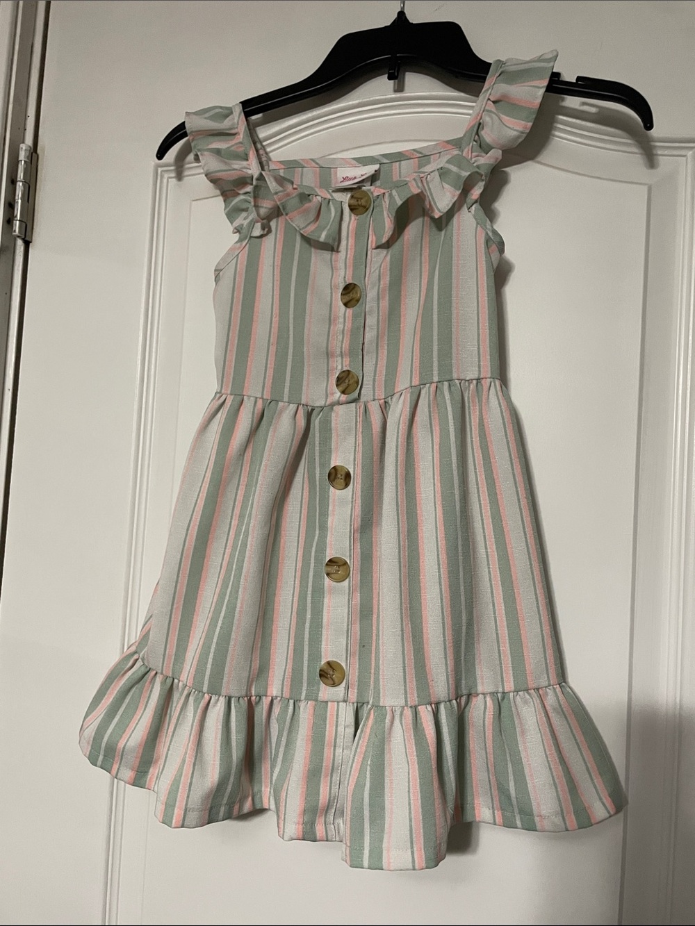 Little Lass Pink & Light Green Striped Ruffle Sundress